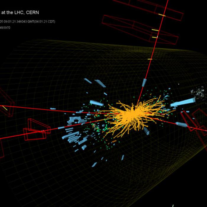 Real CMS proton-proton collisions events in which 4 high energy muons (red lines) are observed